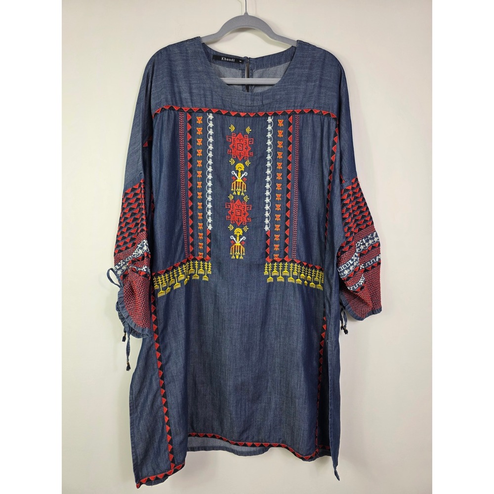 Khaadi Embroidered Denim Tunic Kurti Womens Size 14 Tencel Cotton Boho Pakistani